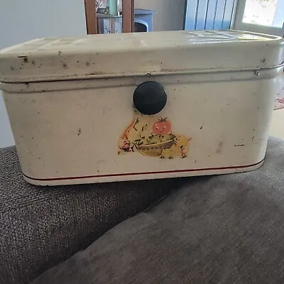 Antique VINTAGE VENTED BREAD BOX Tin Rustic Anthropomorphic Veggie Decal • $19