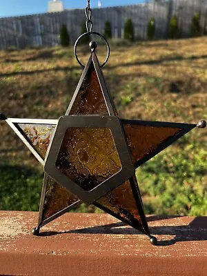 Gold Hanging Star Candle Tea Light Lantern Outdoor Patio Decor Glass & Metal • $25