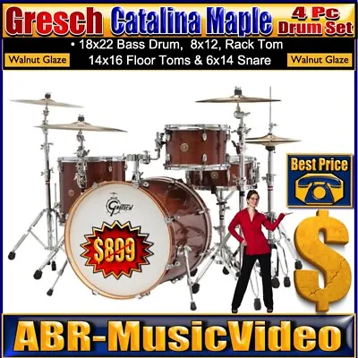 Gretsch Catalina Maple 4-pc Drum Set - Walnut Glaze/ CM1-E824S-WG • $1532.79