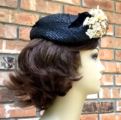 Antique Black Ladies Hat Floral Millinery Ivory Velvet Flowers Pearls Veil Bow • $17.99