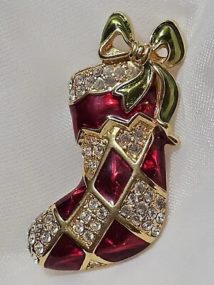 VTG 80's Monet Goldtone Rhinestone Studded Enamel 2  Christmas Stocking Brooch  • $30