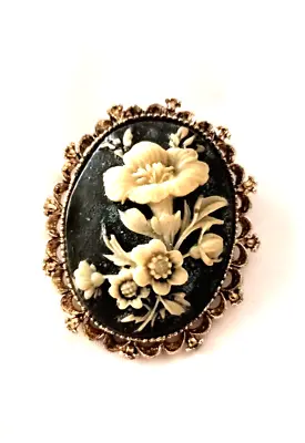 Vintage Cameo Black Resin Pendant Pin Brooch Carved Flower Signed Gerry's • $21.99