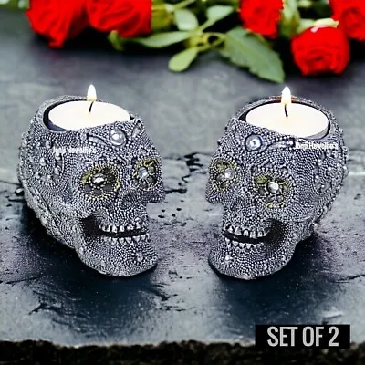 Skull Candle Holder Ornament Gruesome Gothic Pagan Wiccan Art Decor SET OF 2 • £12.90