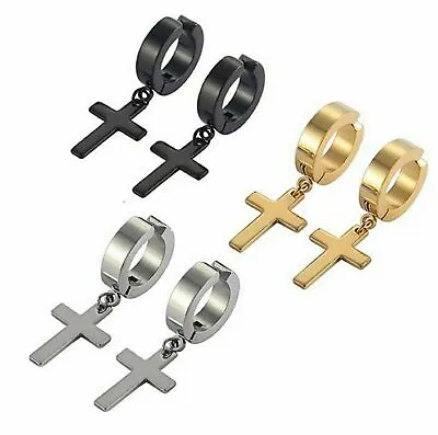 Earrings Non-Piercing Stainless Steel Cross Clip On Men Women Dangle Hoop New • $2.95