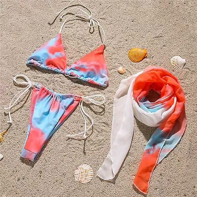 3pcs/set Bikini Cover Up Set Sleeveless Adjustable Straps Gradient Tie Dye Print • $22.49