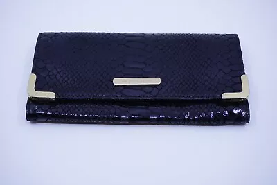 Michael Kors Black Leather Python Embossed Fold Snap Continental Wallet Clutch • $49.99