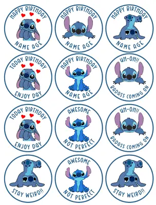 £3.50 • Buy 12 X Edible Cupcake Toppers 4 That Are Personalised, Stitch Themed Pink Blue