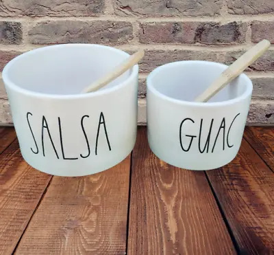 Rae Dunn SALSA And GUAC Chip Dip Bowl Set With Bamboo Wood Spoons - White • $9.88