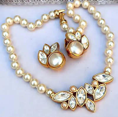 Vintage Swarovski Set Clip Earrings Necklace Pearl Signed S.A.L Retro Bride VTG • $119.20