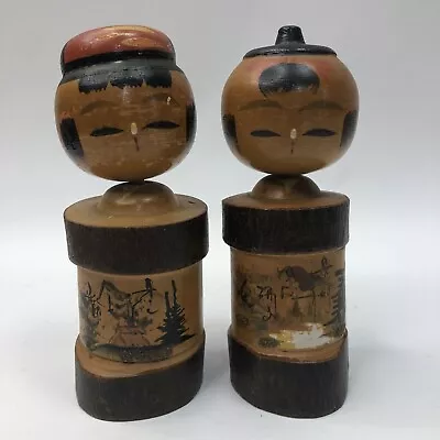 Vintage Kokeshi Dolls Bobble Heads Couple Wood Stump Base • $10.67