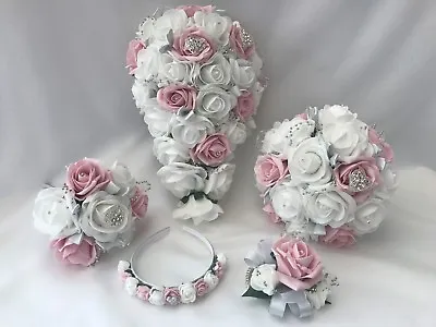 £3.50 • Buy Wedding Flowers Ivory Rose Grey Heart Bouquet Bride Bridesmaid, Flower-Girl Wand