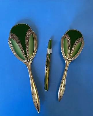 Vintage Green Bakelite Roses Chromed Steel Vanity Mirror Brush Set By EVANS • $45