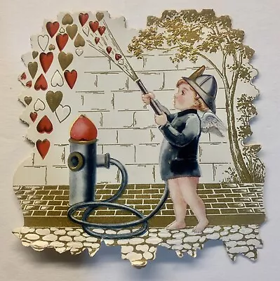 ANGEL FIREFIGHTER FIREMAN SPRAYING HEARTS VINTAGE VALENTINE CARD Die Cut 50's ? • $10.49