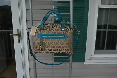 New Michael Kors Signature Logo Calista Large Beige Turquoise Satchel Bag • $129.99