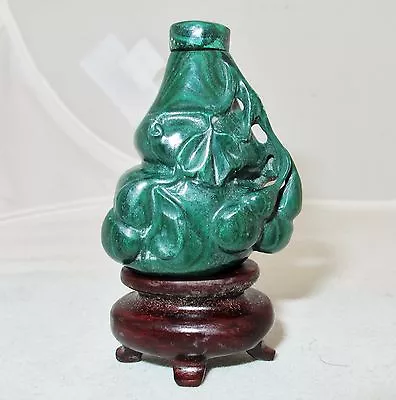 1.8  Chinese Carved Green Malachite Gourd Snuff Bottle With Wood Display Stand • $319