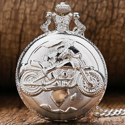 Silver Full Hunter 3D Motorcycle Pattern Quartz Pocket Watch Chain Gift For Men • $4.74