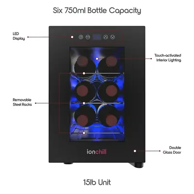 Wine Cooler 6-bottle With Temperature Control 9.75 In Portable Black • $104.99