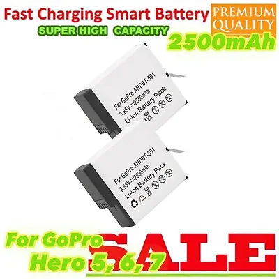 2x FOR GoPro 2500mAh WHT Battery AHDBT-501 For Go Pro Hero 5 Black Hero 5 6 7 • $28.77