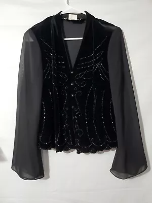 J.R. Nites By Caliendo BLOUSE WOMEN'S SIZE 6 BEADED Velvet Sheer Sleeve USA MADE • $28.50