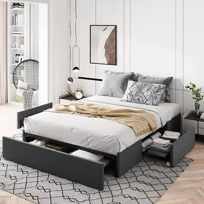 Queen Size Platform Bed Frame W/ 3 Storage Drawers Fabric Upholstered Dark Grey • £232.69