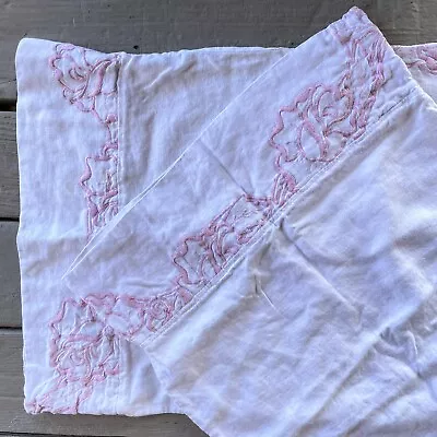 Pair Vintage Linen Pillowcases Pink Floral Embroidery Cottage Country Spring • $17.99