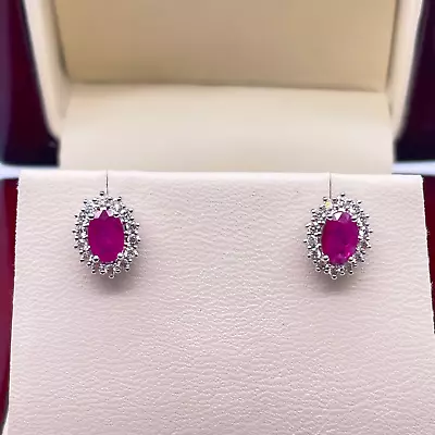 18ct White Gold Natural Red Ruby & Diamond Oval Cluster Earrings 1.13ct • £650