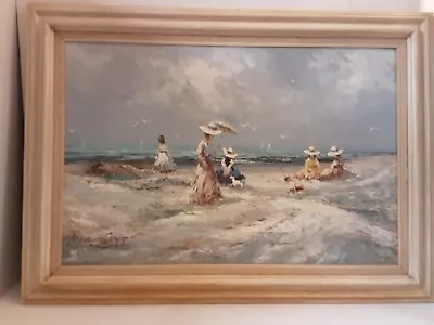 Marie Charlot Large Beach Scene Oil Painting Ladies And Children  • $159.99