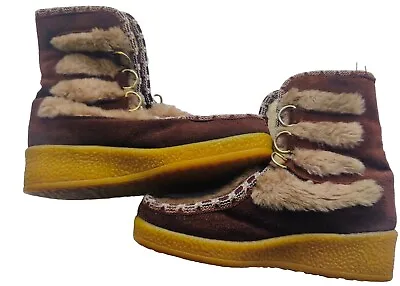 Quoddy Boots Women’s 5 Moccasins Shearling Fur Brown Tan Cabincore Cottagecore • £15.90