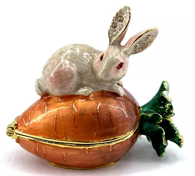 Rabbit With Carrot Trinket Box Enamel Crystal Embellished 2.25  White Rabbit • $29.99