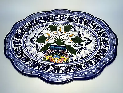 Vintage Mexico Pottery Oval Serving Platter Lily Flower Design • $39.99