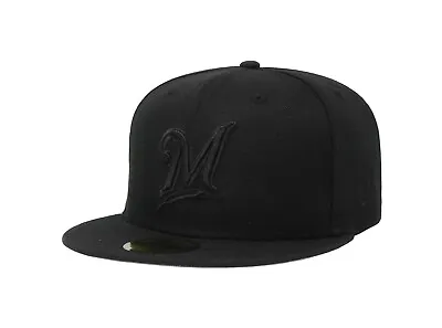 New Era 59Fifty Men Women Cap Basic Milwaukee Brewers Black On Black Fitted Hat • $42