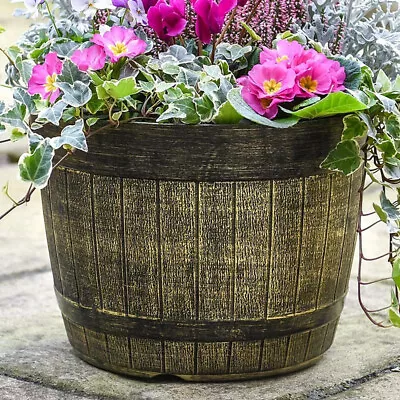 Garden Whiskey Barrel Planter Outdoor Lightweight Plastic Gold 30cm Flower Pot • £7.99