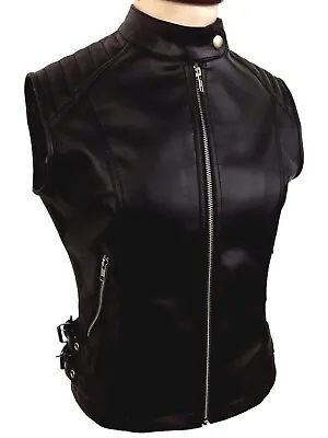 Womens Pure Leather Black Biker Vest Motorbike Steampunk Trench Leather Vest • £79.99
