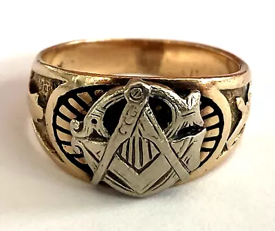 Antique 10K Solid Yellow & White Gold Masonic Men's Ring Size 8.5 • $499.99