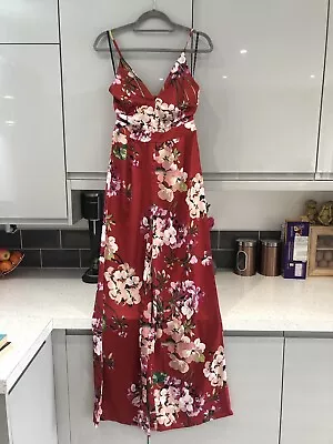 Missguided Red Satin Floral Wide Leg Jumpsuit Size 8 Strap Deep Plunge • £5