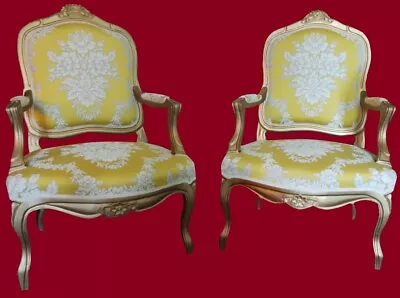 Luxury French Louis XVI Style Gold Giltwood Arm Chairs - A Pair • £1598.97