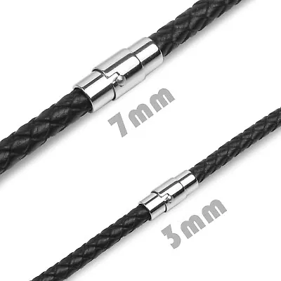 3/ 7/ 8mm Men's Braided Cord Magnetic Stainless Steel Leather Necklace 18''-30'' • £5.99