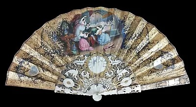 Old Lady's Fan. Carved Mother Of Pearl. Hand Painted Paper. Spain. Xix Century • $1300
