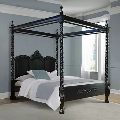 UK STOCK 6' SUPER KING Gothic Lion King Four Poster Bed  BLACK  Carved Mahogany • $3535