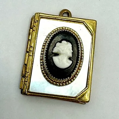 Vintage LOVELY Gold Mother Of Pearl Black White Book Cameo Lockett Pendant • $25