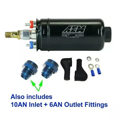 GENUINE AEM 400LPH 50-1009 External Fuel Pump +10AN Inlet / 6AN Outlet Fittings • $186.98