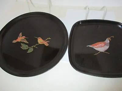 Vintage COUROC Inlaid Black Lacquer Trays Hummingbirds And  Quail Pheasant • $12