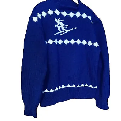 Vtg Hand Knit Nordic Ski Sweater L Handmade Acrylic Mock Neck Blue Skiing Theme • $45