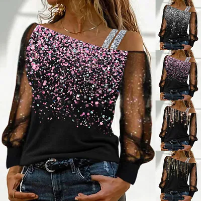 £5.99 • Buy Womens Glitter Cold Shoulder Mesh T-Shirt Tops Ladies Long Sleeve Party Blouse