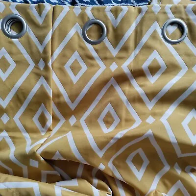 Pair Gold Yellow Geo Pattern Eyelet Curtains • £18