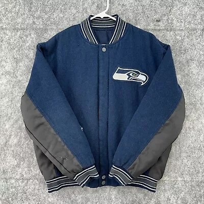 VTG Seattle Seahawks Jacket Mens L Blue Logo Varsity Bomber Coat Football 90s • $39.95