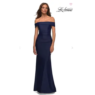 LA FEMME Womens Long Gown Dress Size 6 Navy Blue Off-the-Shoulder Ruched 30422 • $100