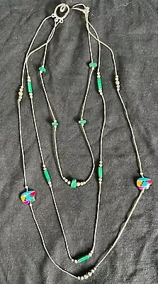 Vintage Native American Malachite And Inlay Sterling Silver Necklace 18 1/4'' • $45