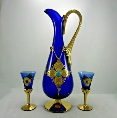 Venetian Murano 24K Gold Cobalt Blue Glass Pitcher W/ Cabochons 3pc Cordial Set • $125