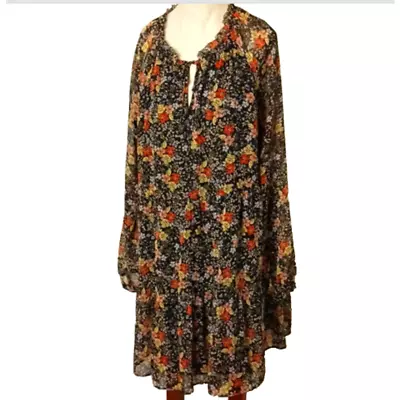 Loft BLACK FLORAL Dress Size XL Tie Neck Flowy Swing Boho Bohemian Cottage Roses • $70